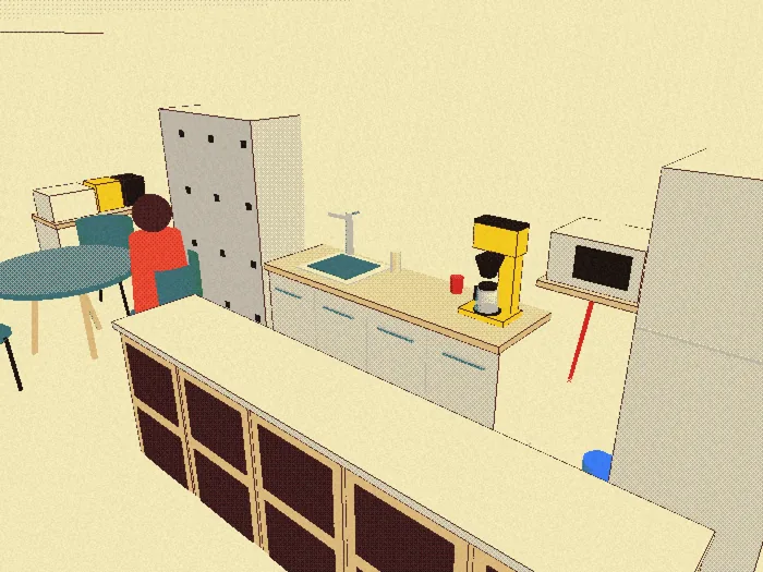 Ilustración de la cocina: mostrador de cubos, fregadero, cafetera Moccamaster amarilla y microondas