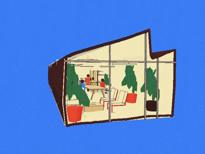 Maqueta ilustrada de Espacio Remoto vista desde la calle, con la fachada de cristal en forma de isotipo