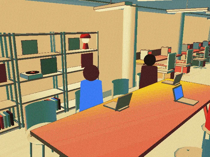 Ilustración de la mesa nómada junto a las estanterías metálicas