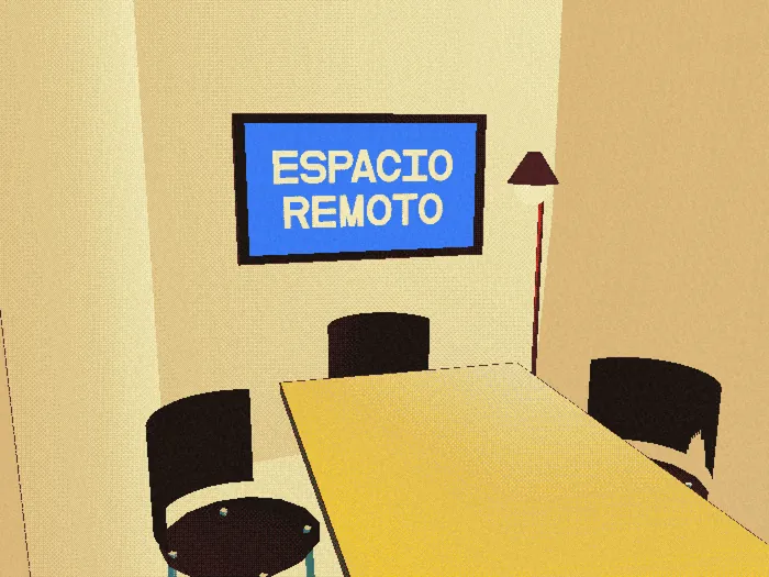 Ilustración de la sala de reuniones con sillas negras y lámpara de pie roja